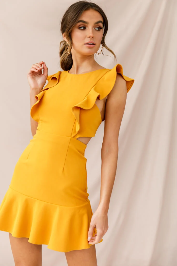 Jackie Wide Ruffle Hem Pinafore Dress Mustard - Image 6