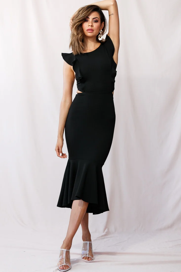 Jackie Wide Ruffle Hem Pinafore Midi Dress Black - Image 5