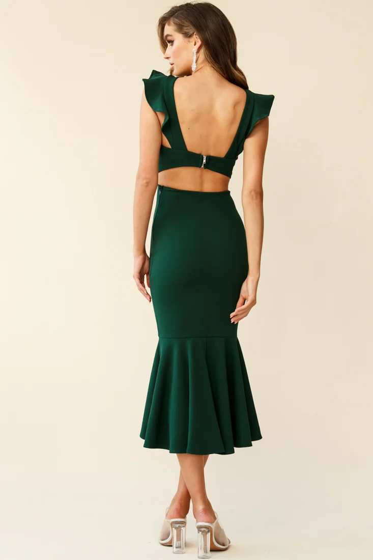 Jackie Wide Ruffle Hem Pinafore Midi Dress Forest Green - Image 3