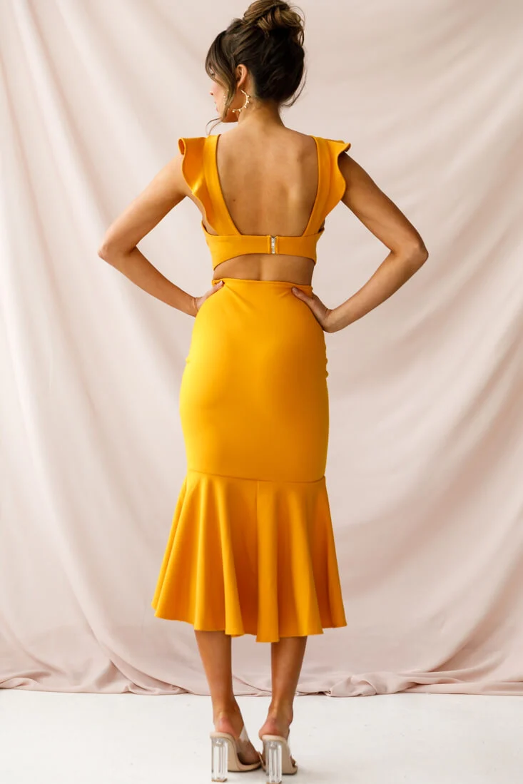 Jackie Wide Ruffle Hem Pinafore Midi Dress Mustard - Image 3