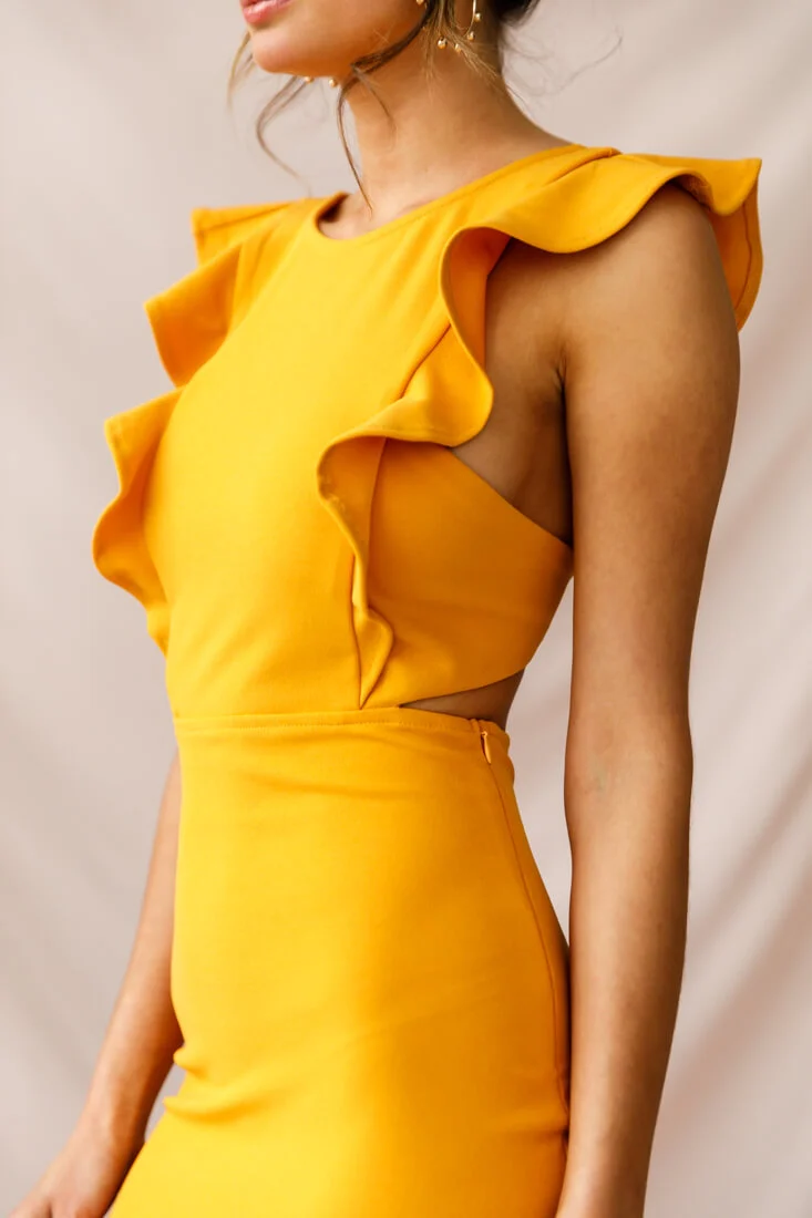 Jackie Wide Ruffle Hem Pinafore Midi Dress Mustard - Image 4