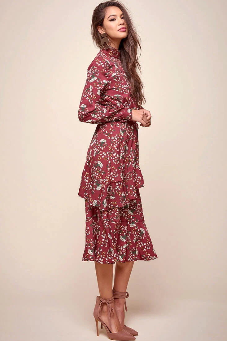 Jackson Waist Tie Bell Sleeve Dress Red Wine - Image 2