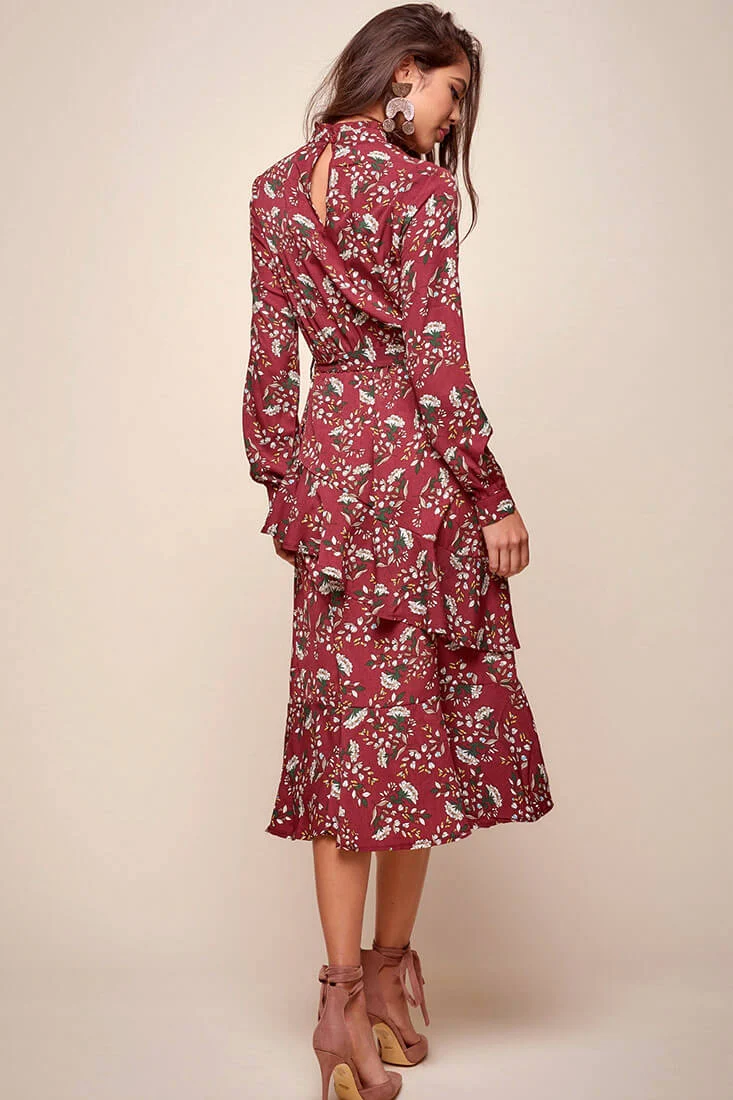Jackson Waist Tie Bell Sleeve Dress Red Wine - Image 5