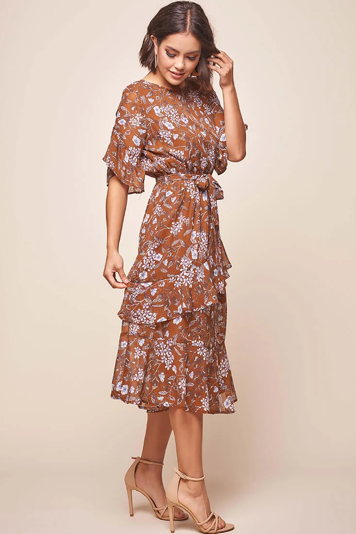 Jackson Waist Tie Ruffle Dress Rust Print - Image 3