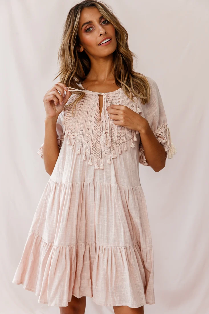 Jada Crochet and Tassel Kaftan Dress Beige - Image 5
