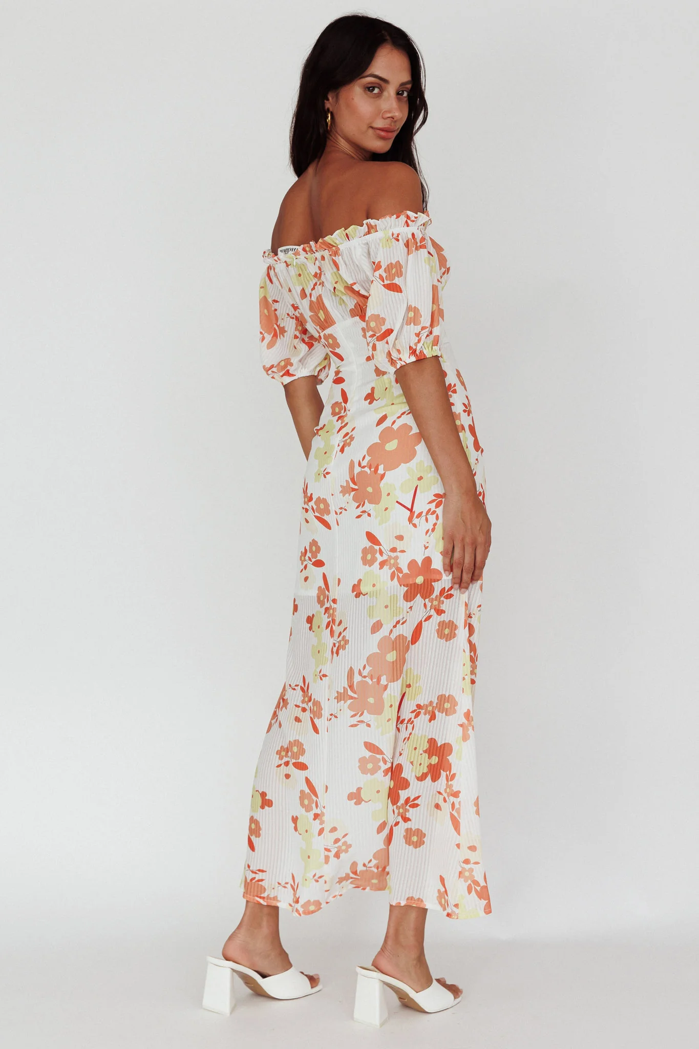 Jalynn Off-Shoulder Split Midi Dress Floral Orange - Image 2