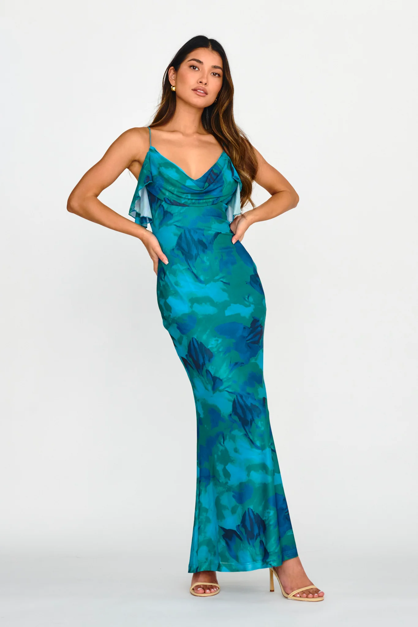 Jannie Draped Neckline Cami Dress Abstract Green - Image 3