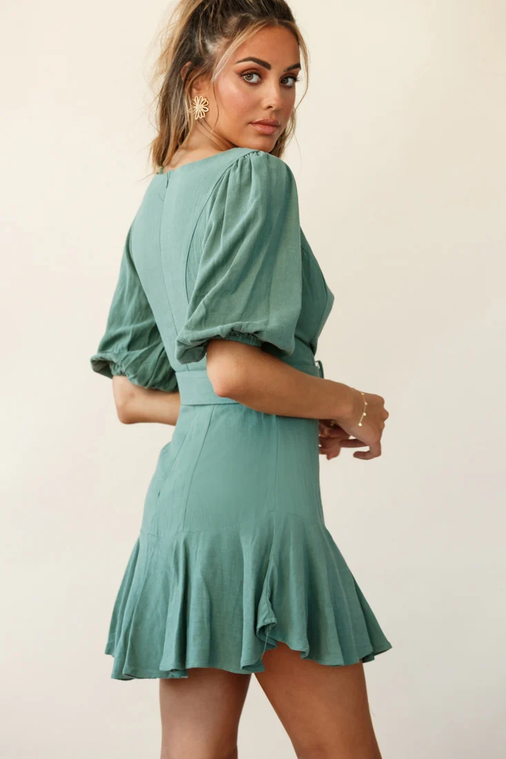 Jardin Half Balloon Sleeve Belted Dress Sage - Image 3