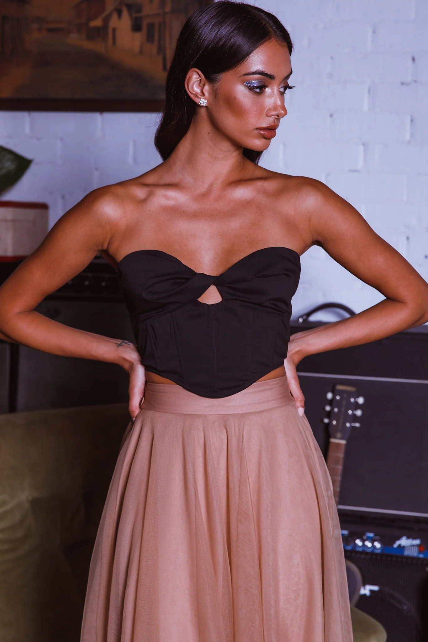 Jasmine Organza Mesh Elasticated Waist Midi Skirt Brown - Image 4
