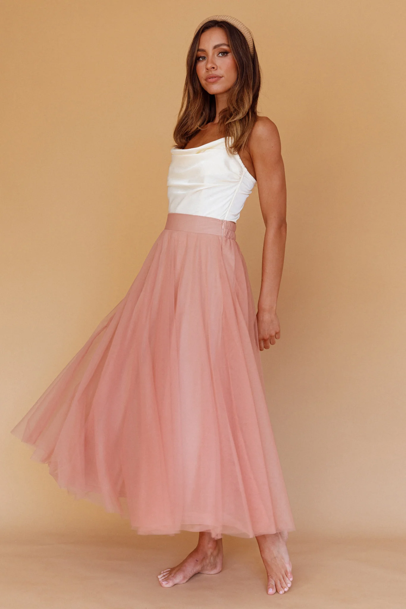 Jasmine Organza Mesh Elasticated Waist Midi Skirt Lipstick - Image 3