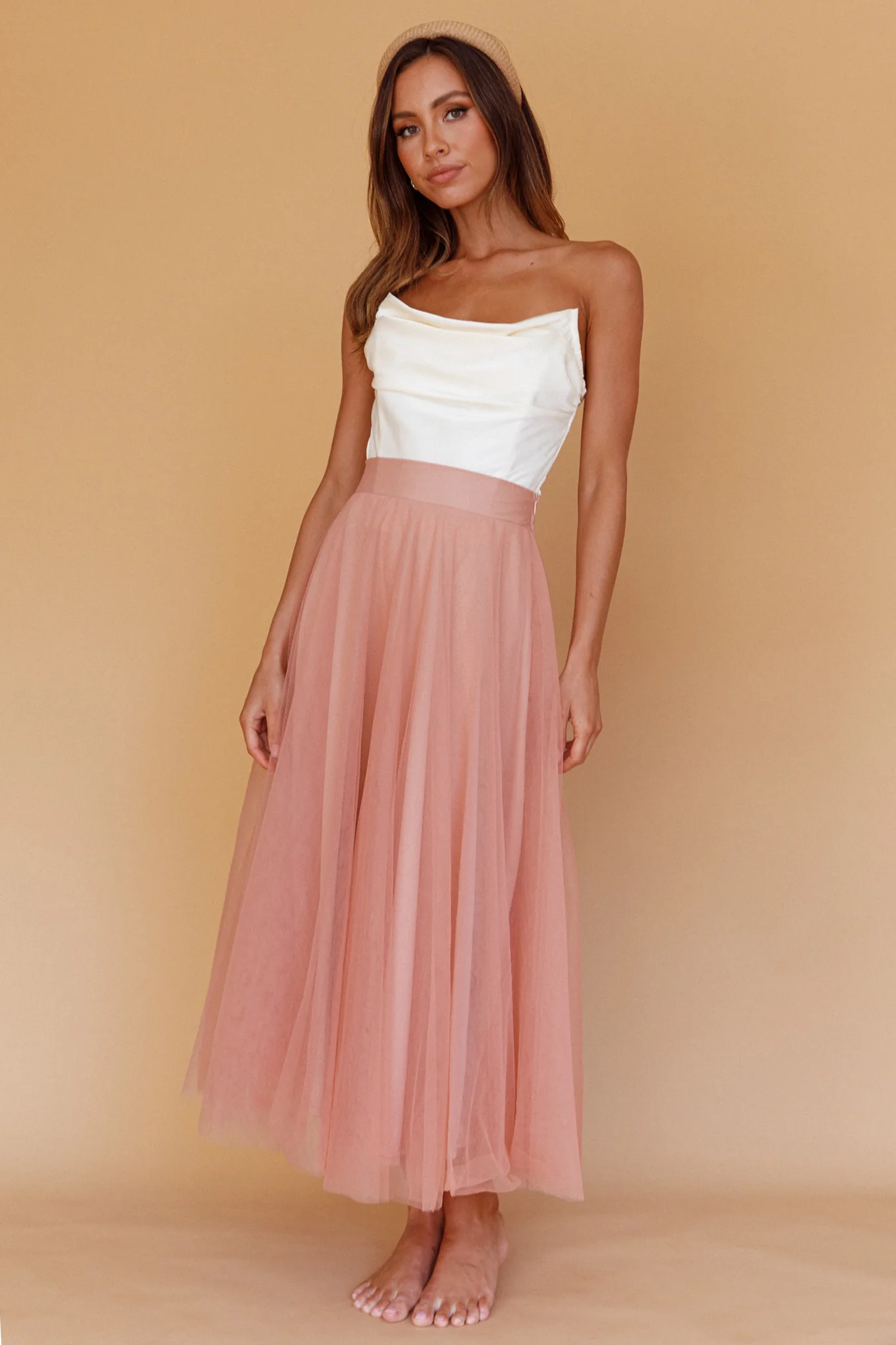 Jasmine Organza Mesh Elasticated Waist Midi Skirt Lipstick - Image 5