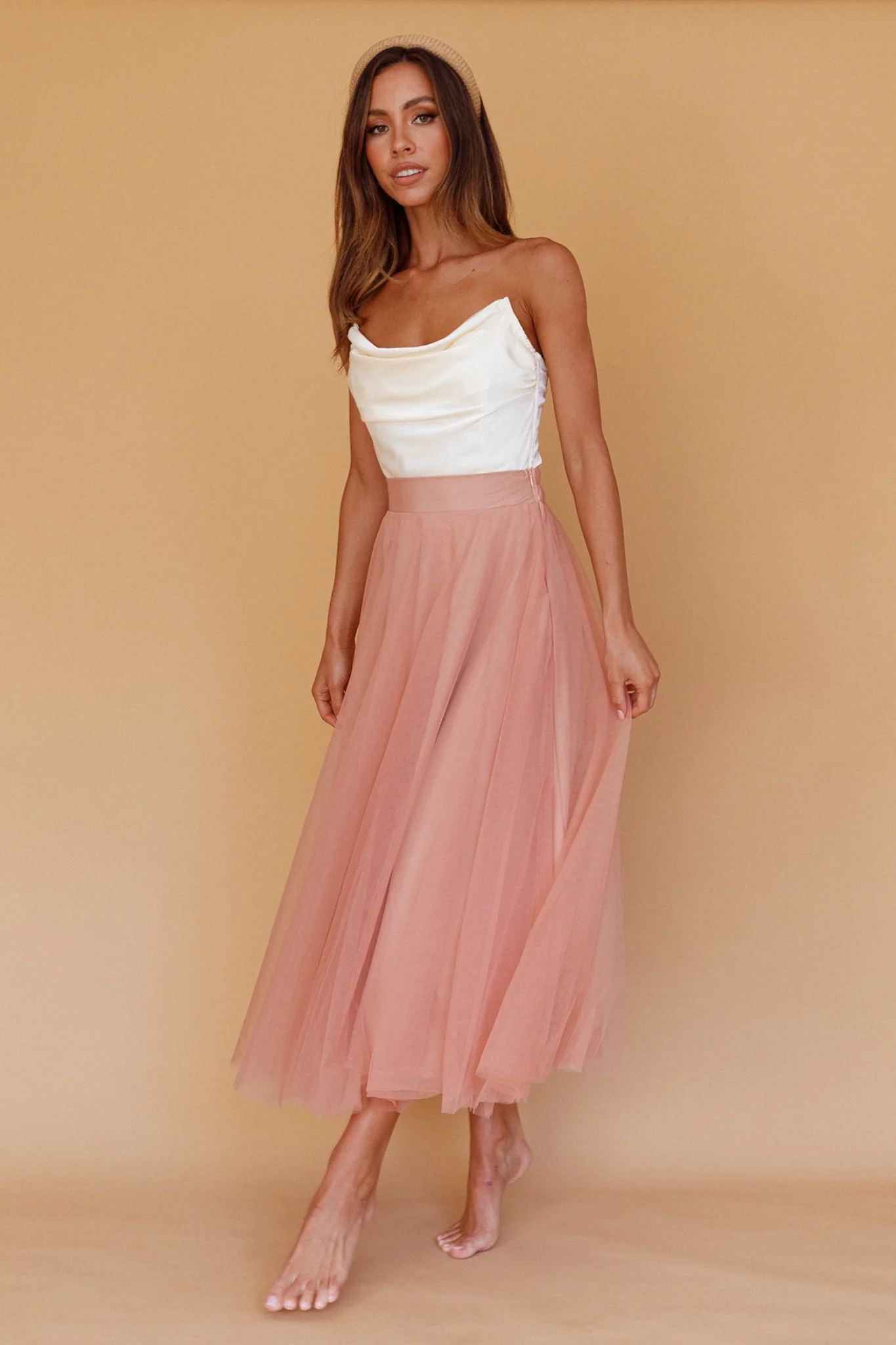 Jasmine Organza Mesh Elasticated Waist Midi Skirt Lipstick - Image 6