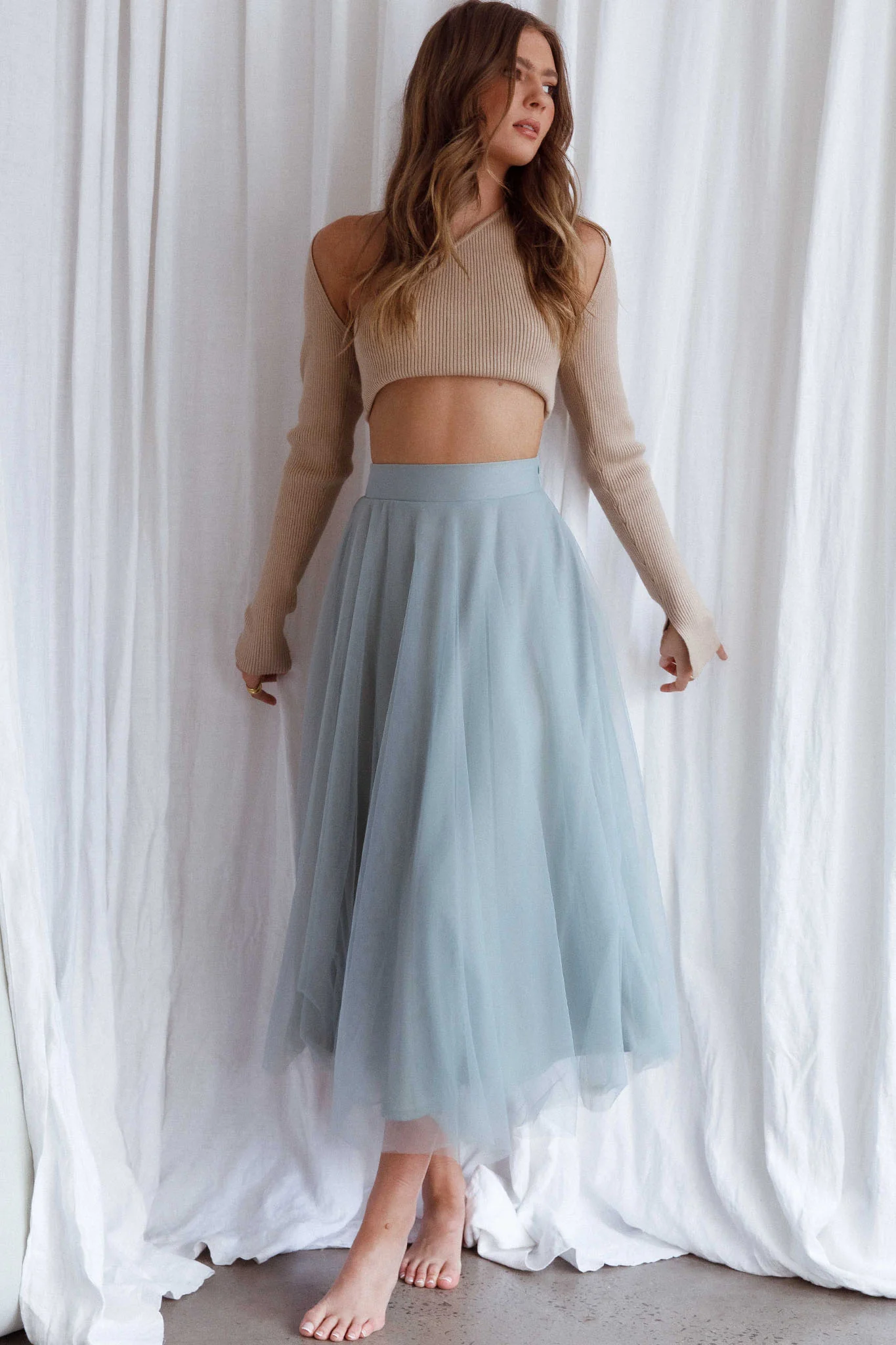 Jasmine Organza Mesh Elasticated Waist Midi Skirt Sage - Image 8
