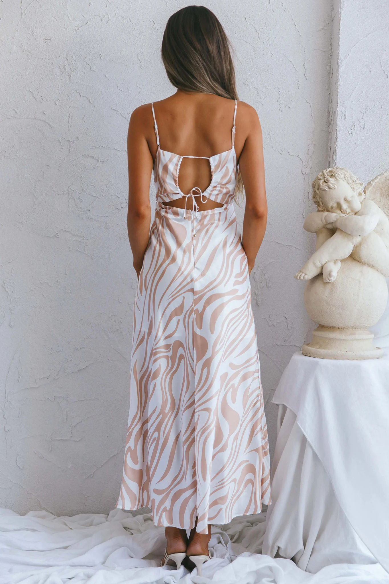 Jasper Cowl Neck Cut-Out Drawstring Back Midi Dress Zebra Print Beige - Image 2