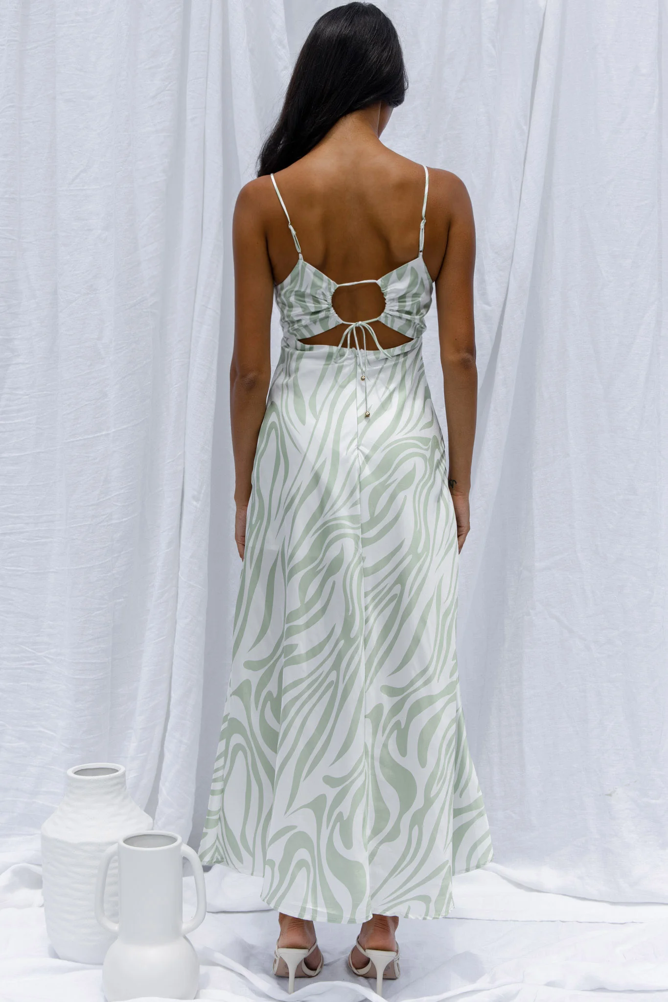 Jasper Cowl Neck Cut-Out Drawstring Back Midi Dress Zebra Print Lime - Image 6