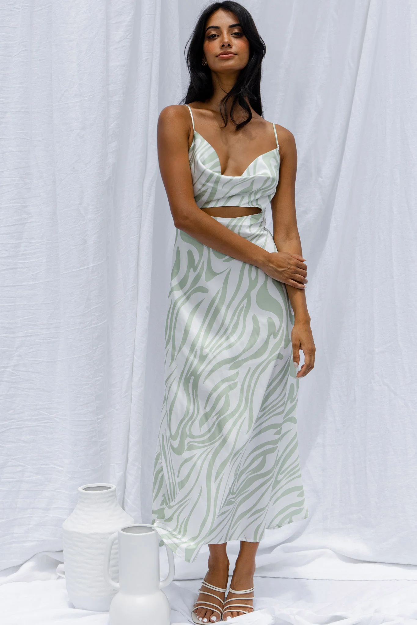 Jasper Cowl Neck Cut-Out Drawstring Back Midi Dress Zebra Print Lime - Image 8