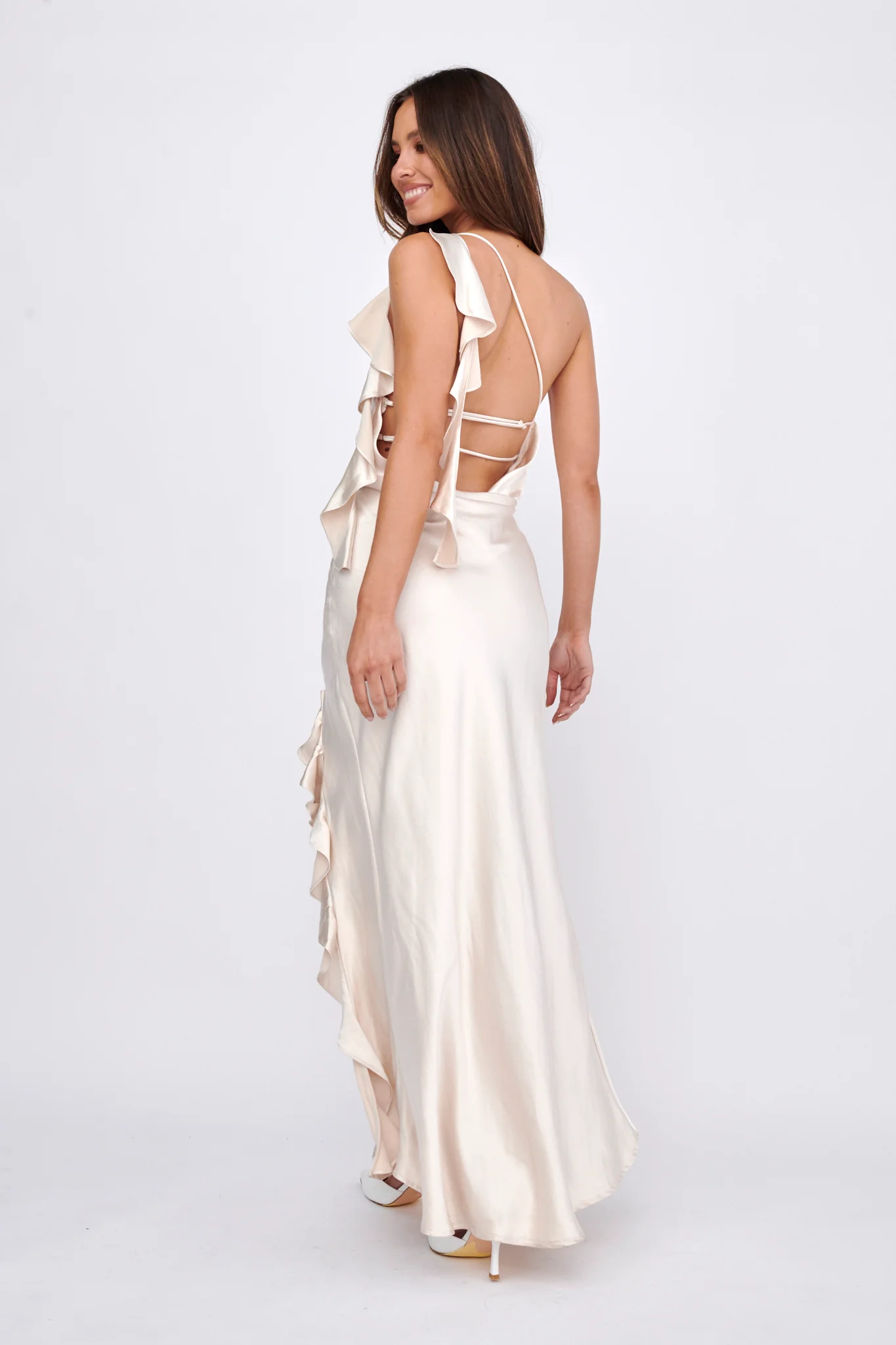 Jayda One Shoulder Ruffle Trim Maxi Dress Champagne - Image 4