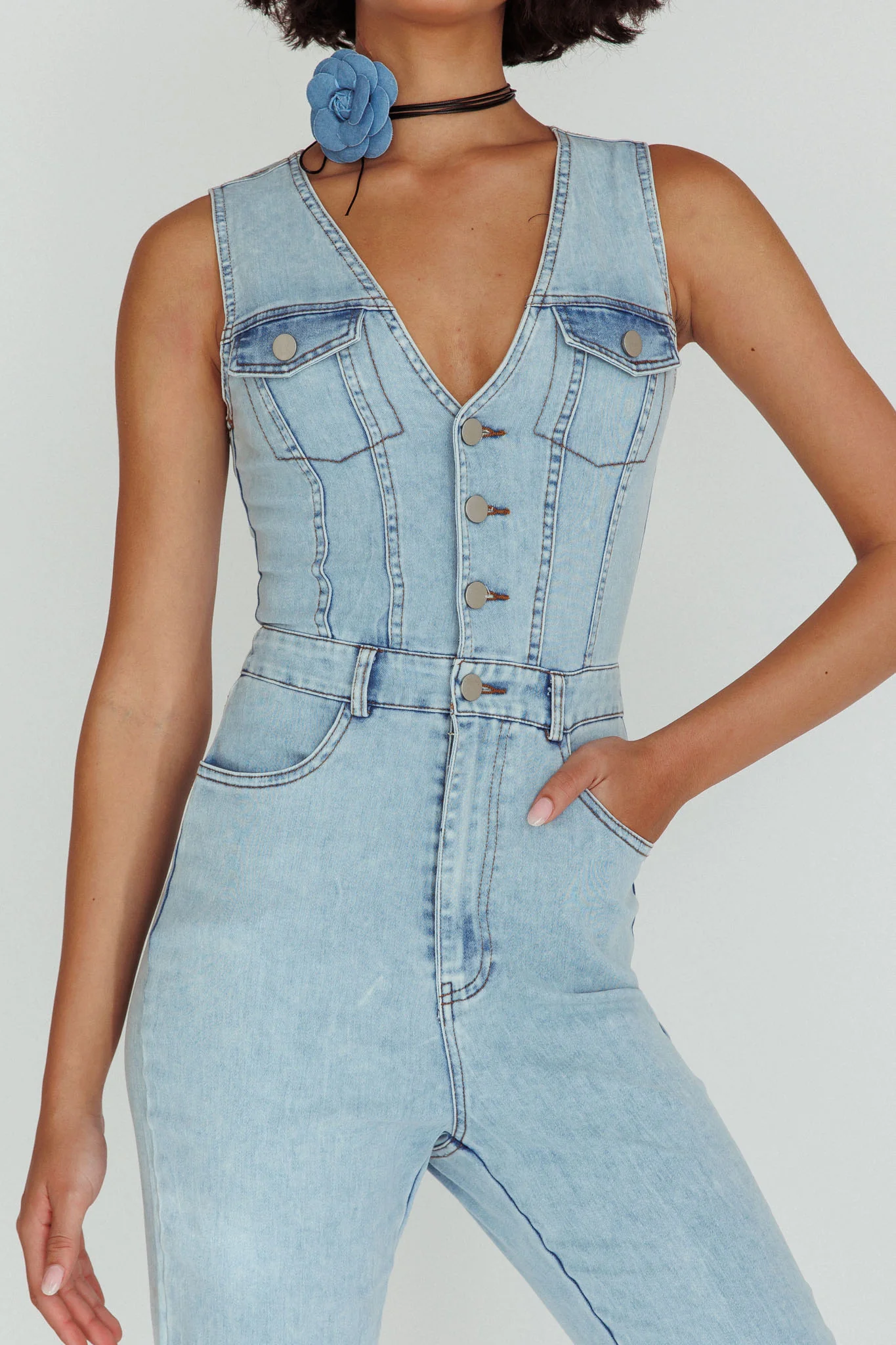 Jazelle Button Front Jumpsuit Washed Blue - Image 4