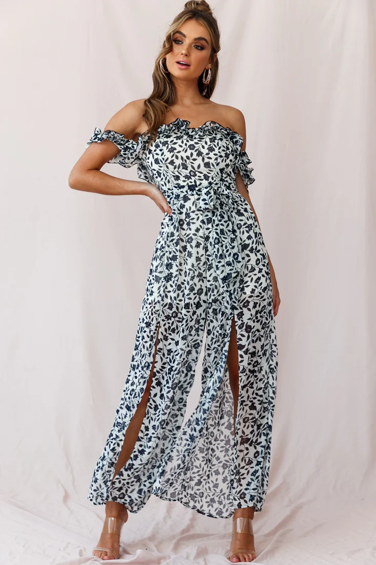 Jazz Bardot Neckline Wide Leg Split Jumpsuit Navy - Image 2