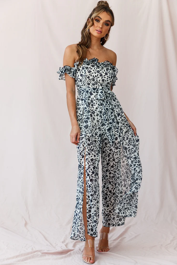 Jazz Bardot Neckline Wide Leg Split Jumpsuit Navy - Image 3