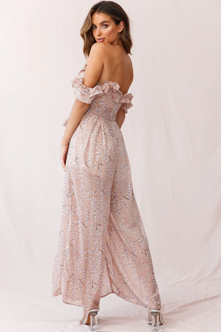 Jazz Bardot Neckline Wide Leg Split Jumpsuit Floral Print Blush - Image 3