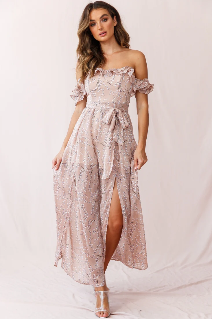 Jazz Bardot Neckline Wide Leg Split Jumpsuit Floral Print Blush - Image 5