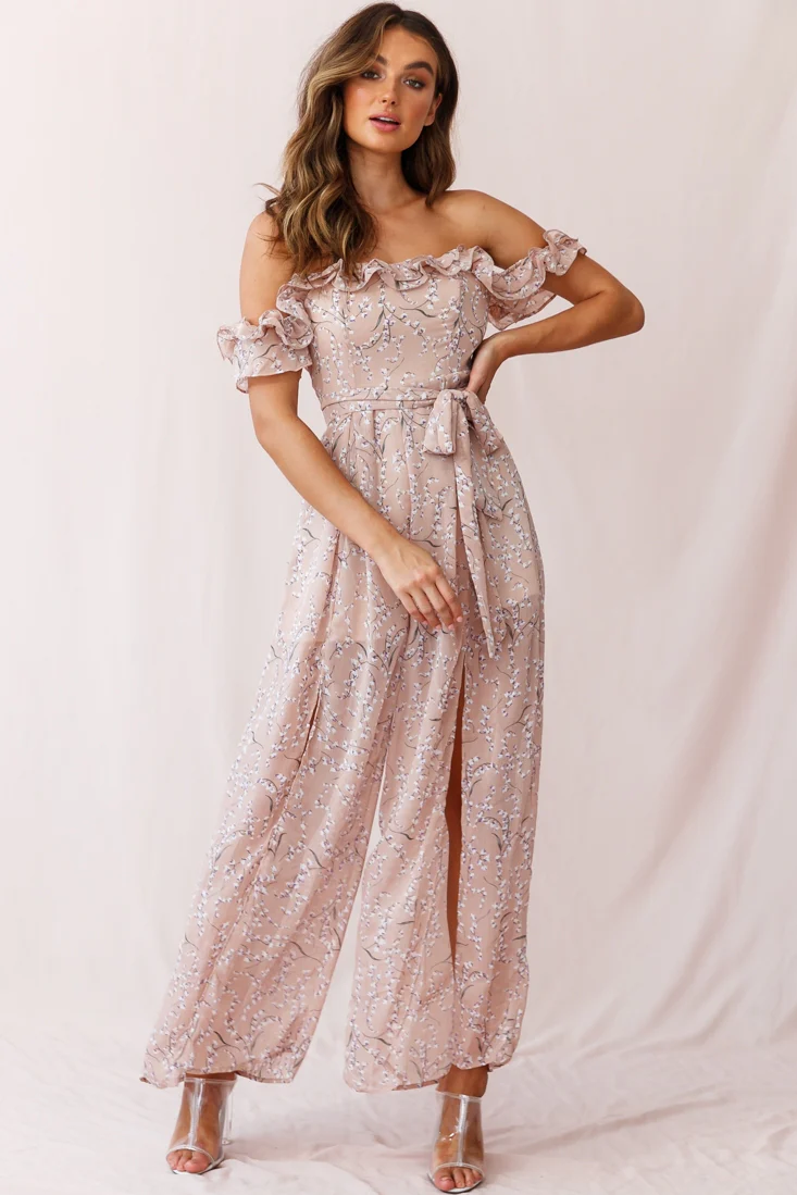 Jazz Bardot Neckline Wide Leg Split Jumpsuit Floral Print Blush - Image 7