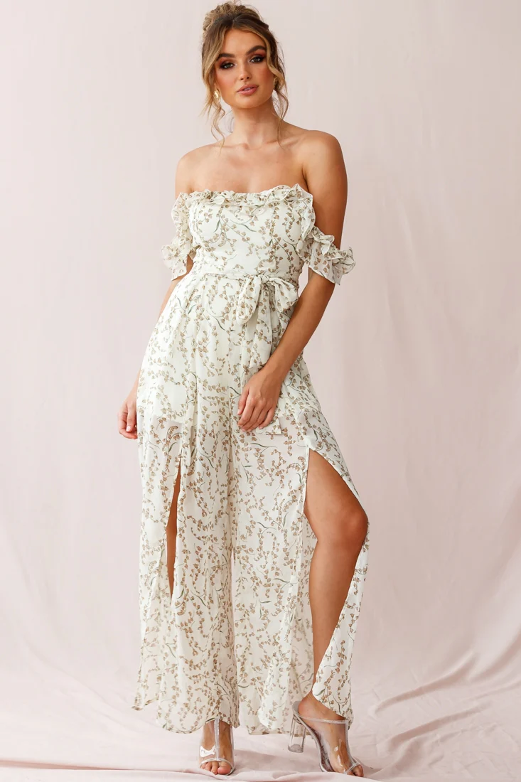 Jazz Bardot Neckline Wide Leg Split Jumpsuit Floral Print White - Image 2