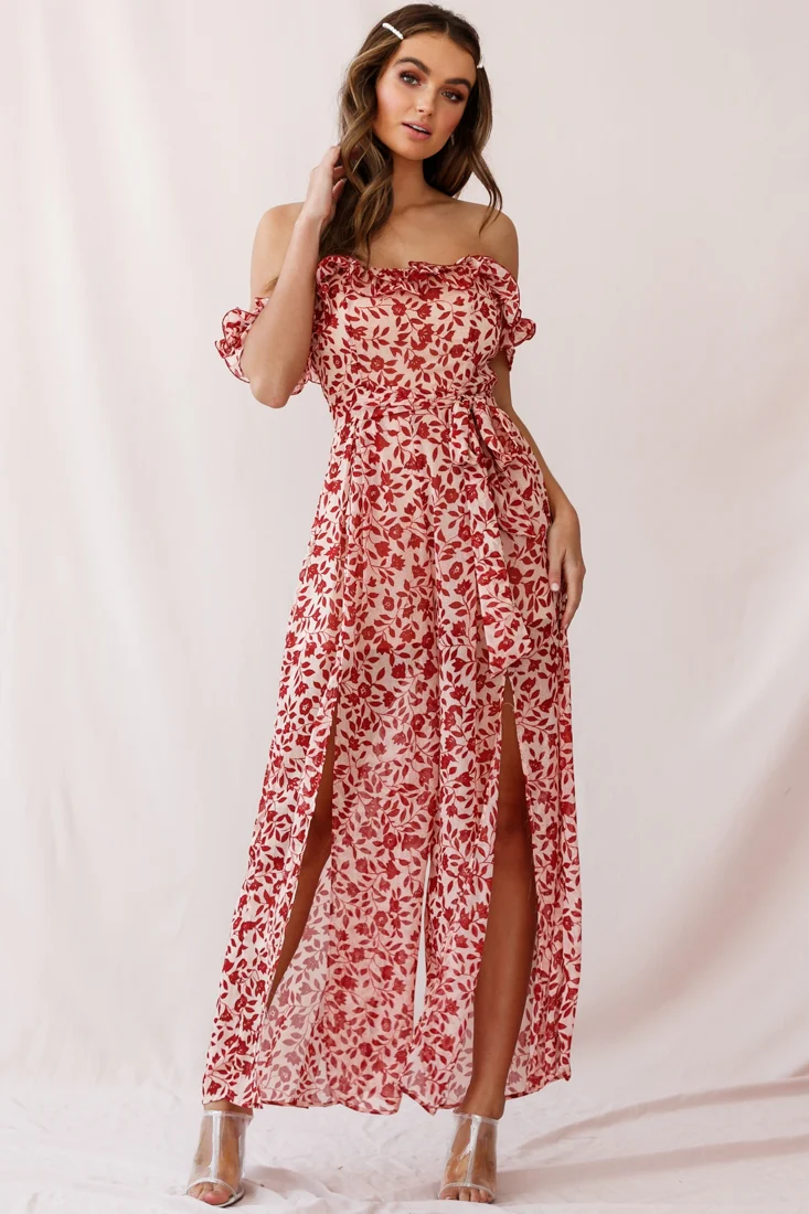 Jazz Bardot Neckline Wide Leg Split Jumpsuit Red - Image 2