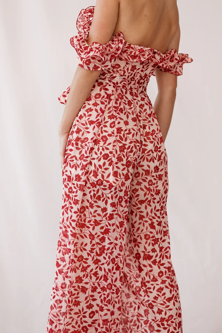 Jazz Bardot Neckline Wide Leg Split Jumpsuit Red - Image 4