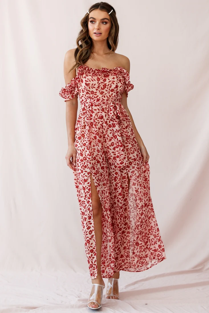 Jazz Bardot Neckline Wide Leg Split Jumpsuit Red - Image 5