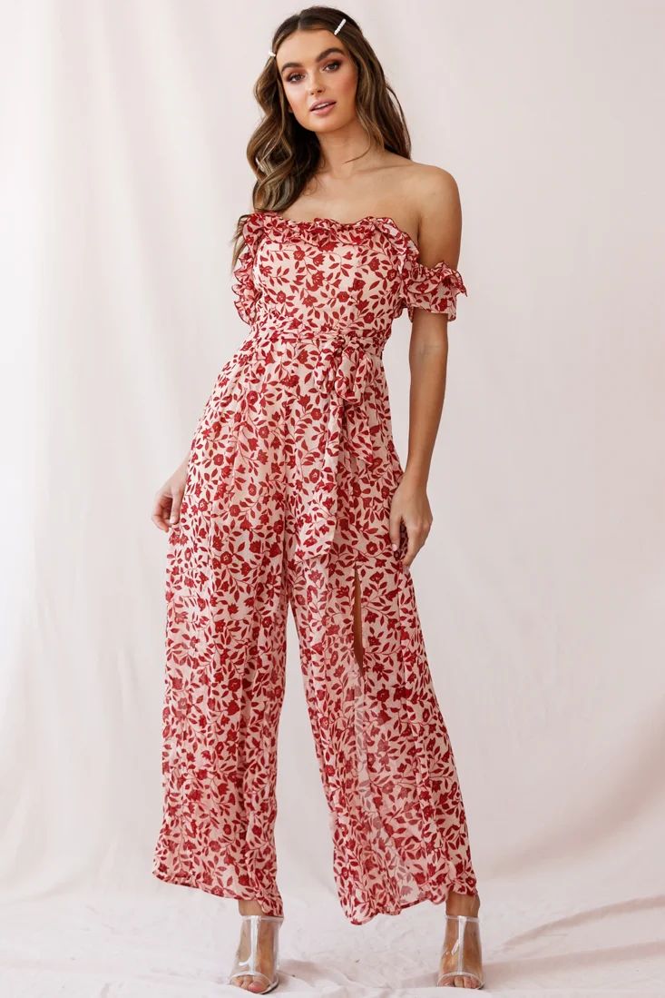 Jazz Bardot Neckline Wide Leg Split Jumpsuit Red - Image 7