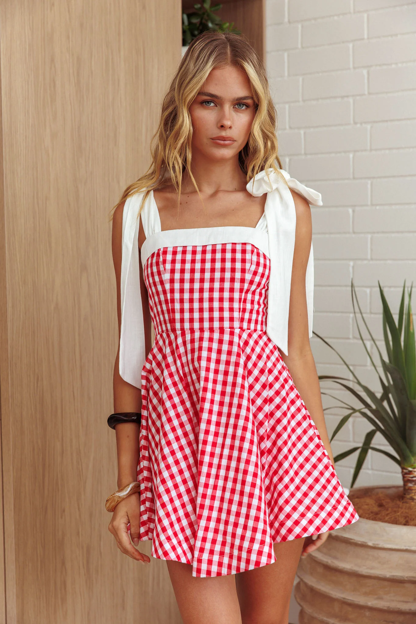 Jeanie Tied Shoulder Mini Dress Gingham Red - Image 6