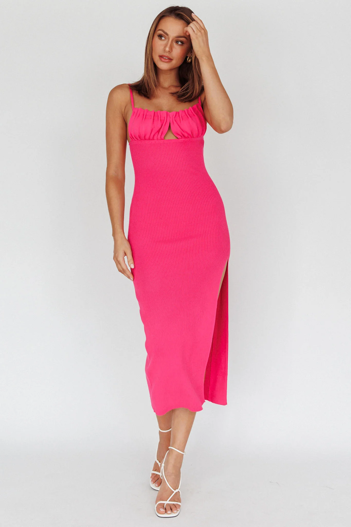 Jelina Gathered Bust Knit Midi Dress Fuchsia - Image 5
