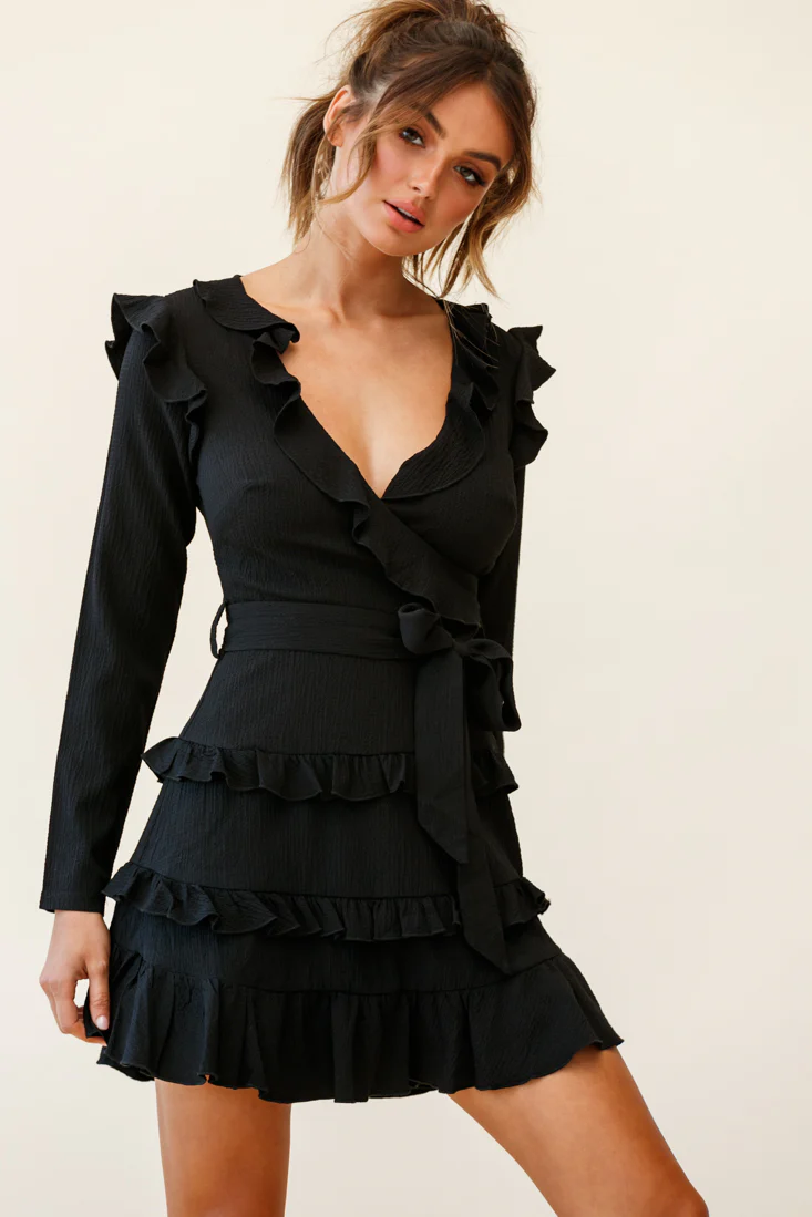 Jemirah Ruffle-Trimmed Long Sleeve Frill Dress Black - Image 7