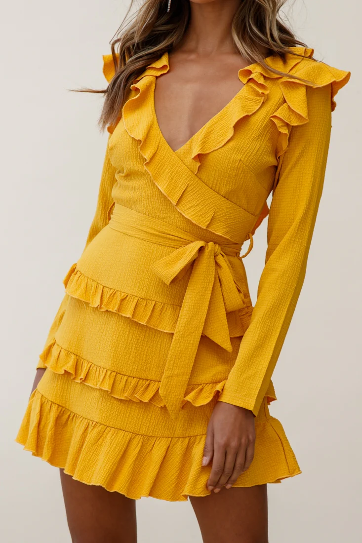 Jemirah Ruffle-Trimmed Long Sleeve Frill Dress Mustard - Image 4