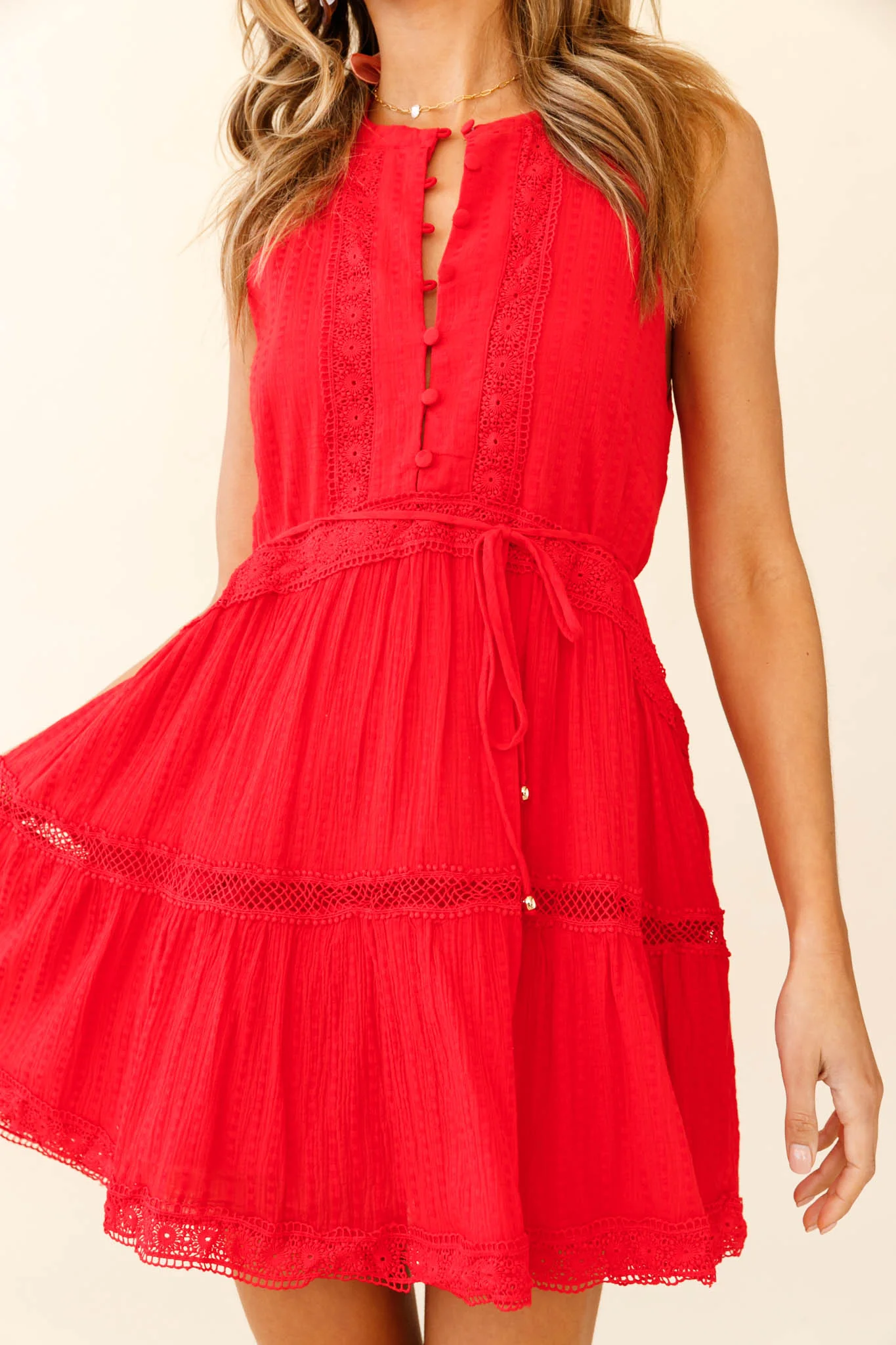 Jersey Sleeveless Button Bodice Loose Swing Dress Red - Image 4