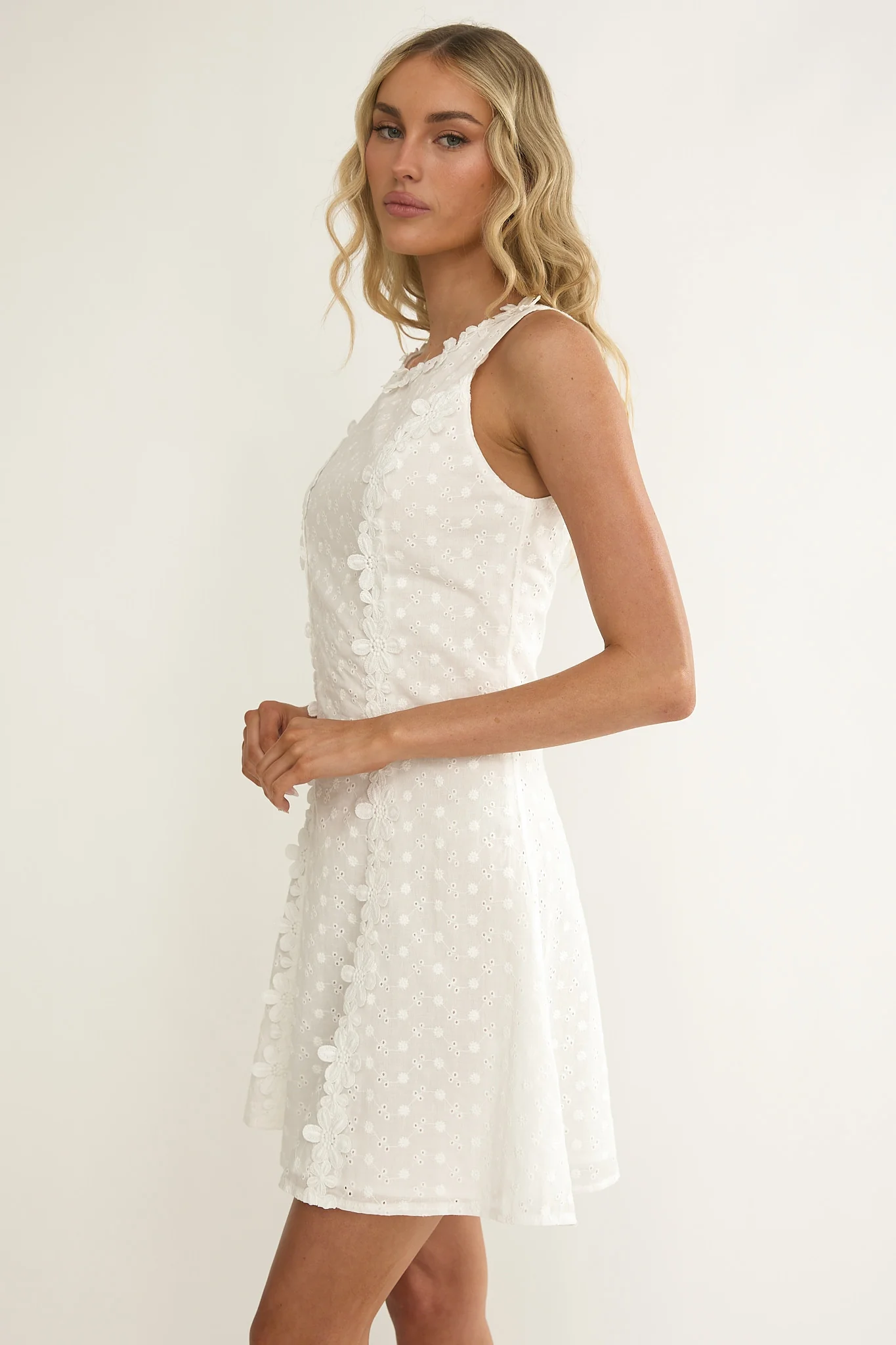 Jessamine Floral Applique Eyelet Mini Dress Off White - Image 6