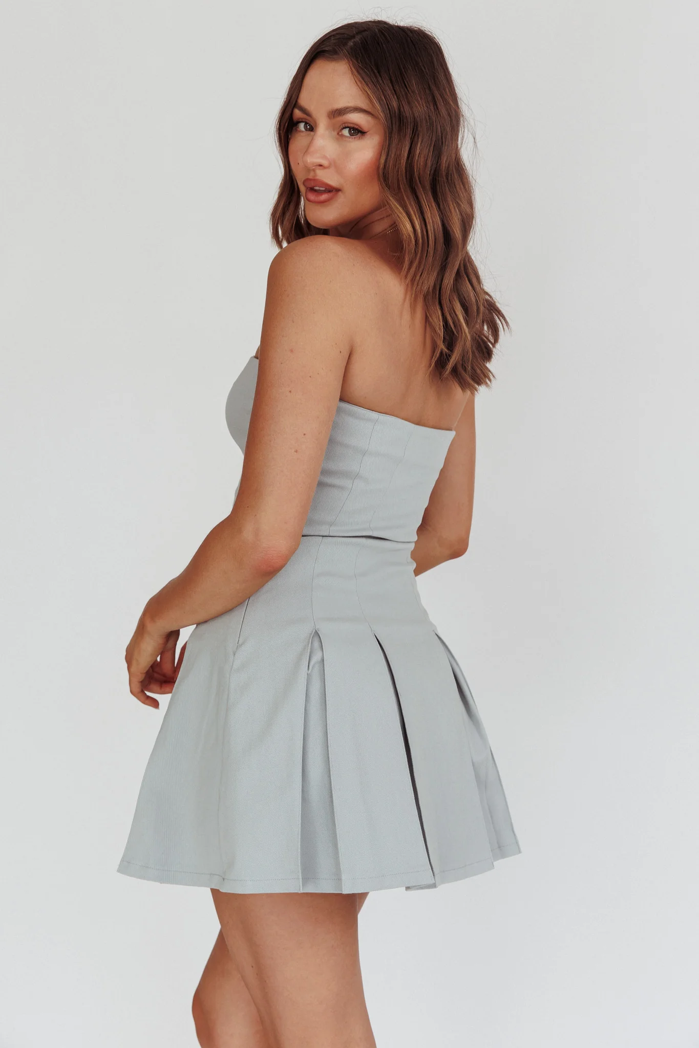 Jeziah Strapless Box Pleat Mini Dress Light Denim - Image 3