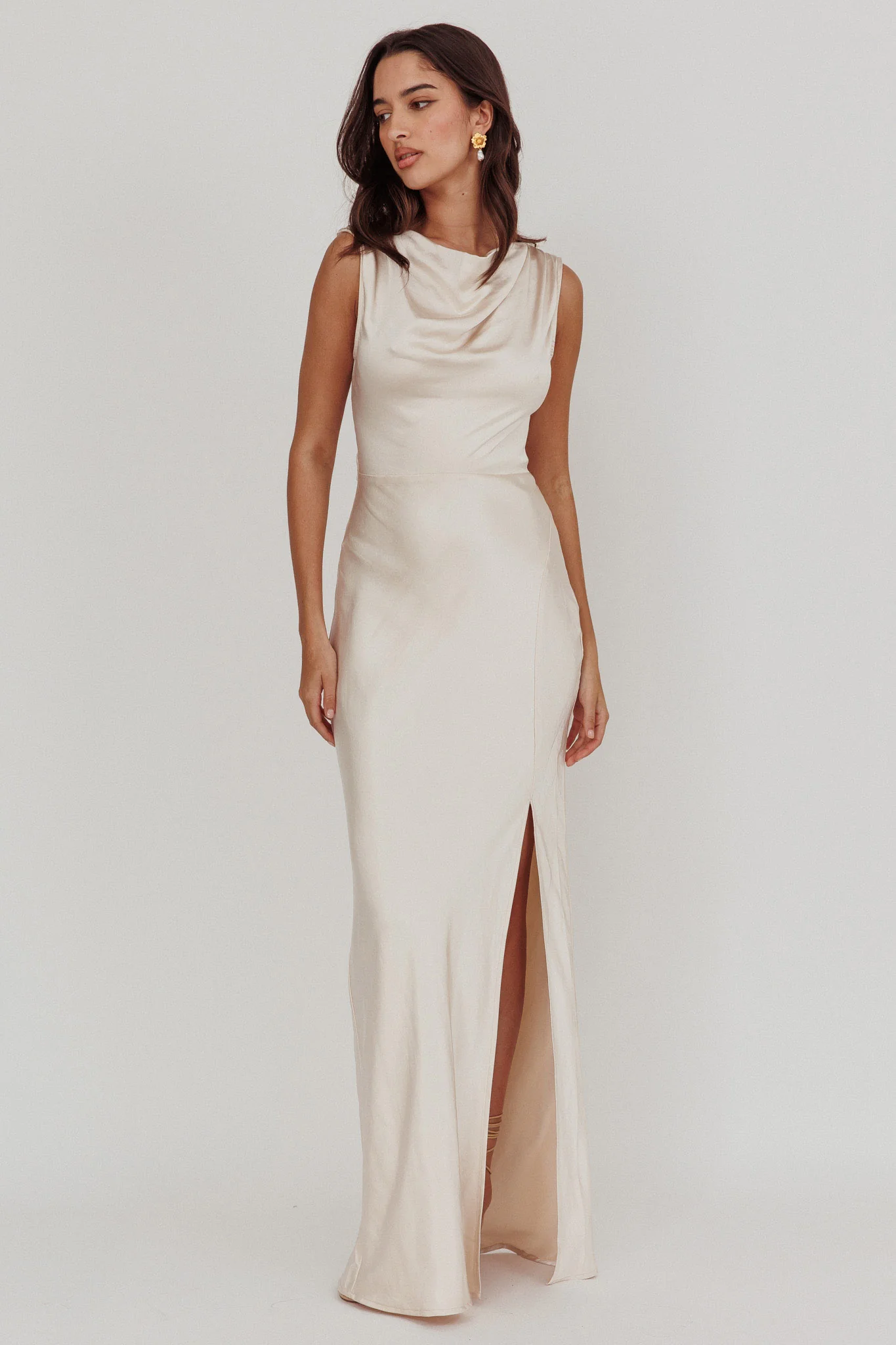Jinora Cowl Neck Leg Slit Satin Maxi Dress - Image 3