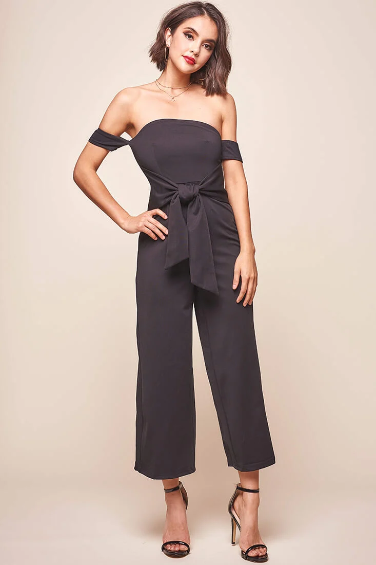 Joan Off Shoulder Waist Tie Wide Leg Jumpsuit Black - Image 6