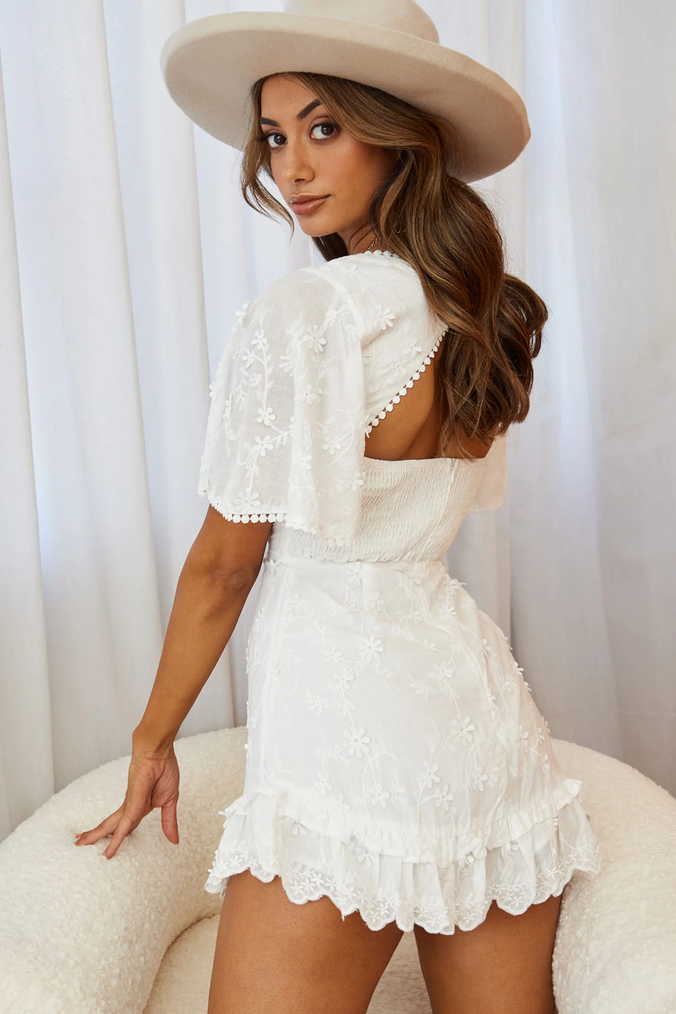 Joanie Angel Sleeve Floral Embroidery Mini Dress White - Image 2