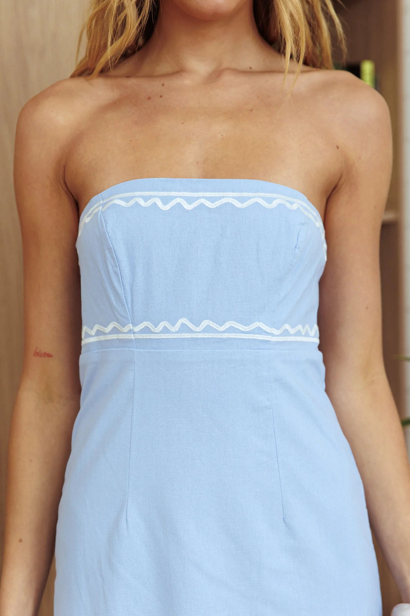 Jocasta Strapless Ric Rac Maxi Dress Blue - Image 3
