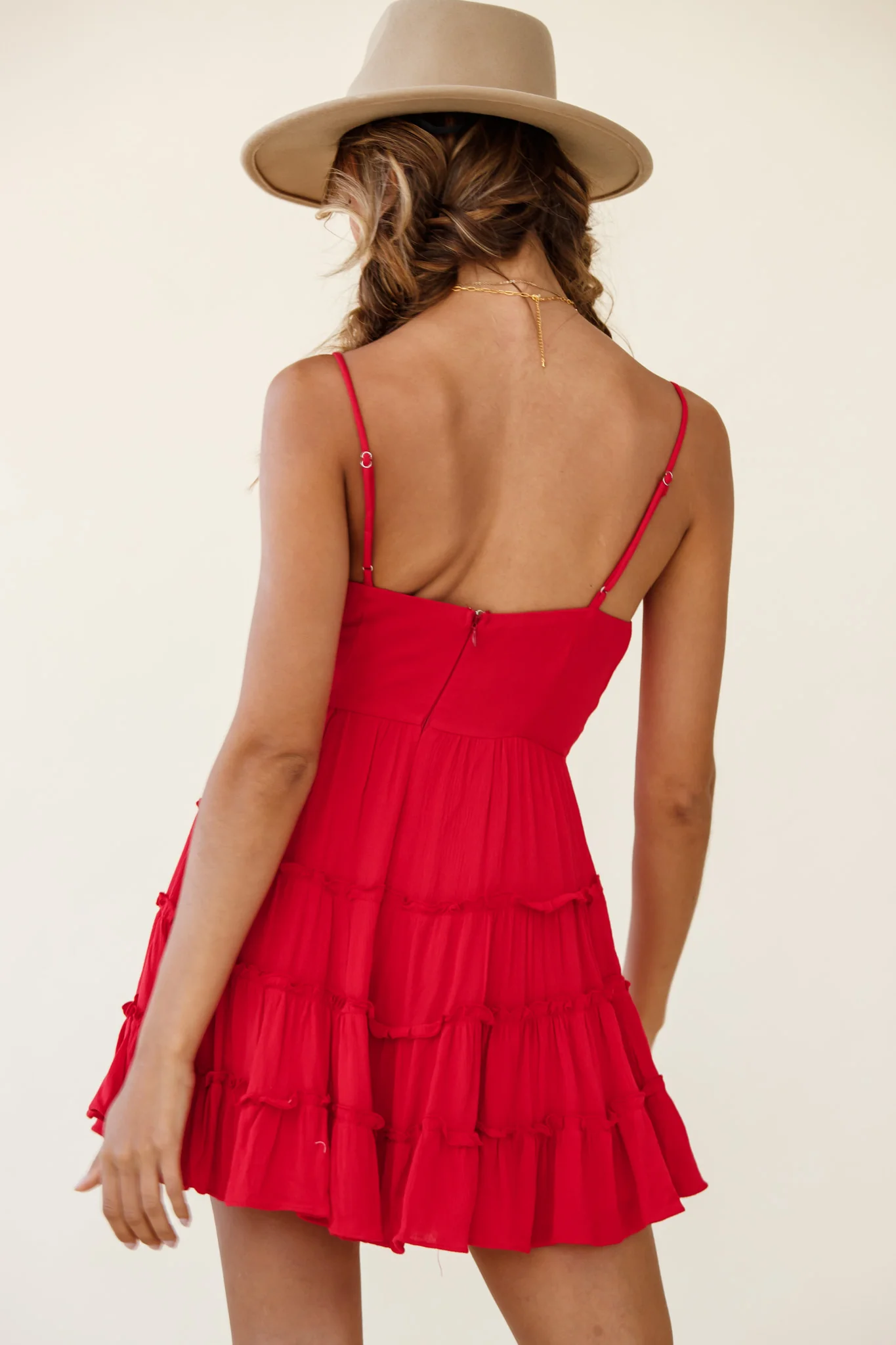 Jocelyn Cami Strap Waist Tie Frill Dress Red - Image 3