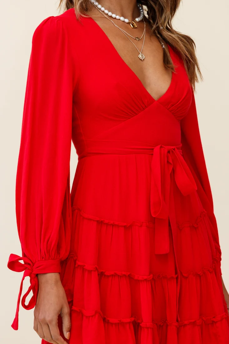 Jocelyn Long Sleeve Tied Cuff Frill Dress Red - Image 2