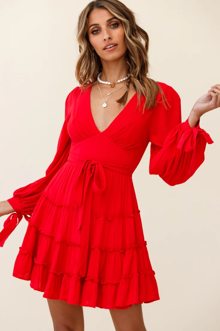 Jocelyn Long Sleeve Tied Cuff Frill Dress Red - Image 4