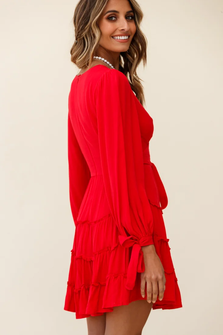 Jocelyn Long Sleeve Tied Cuff Frill Dress Red - Image 6