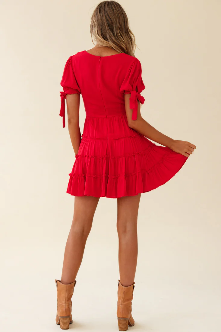 Jocelyn Short Sleeve Tied Cuff Layered Ruffle Dress Red - Image 2