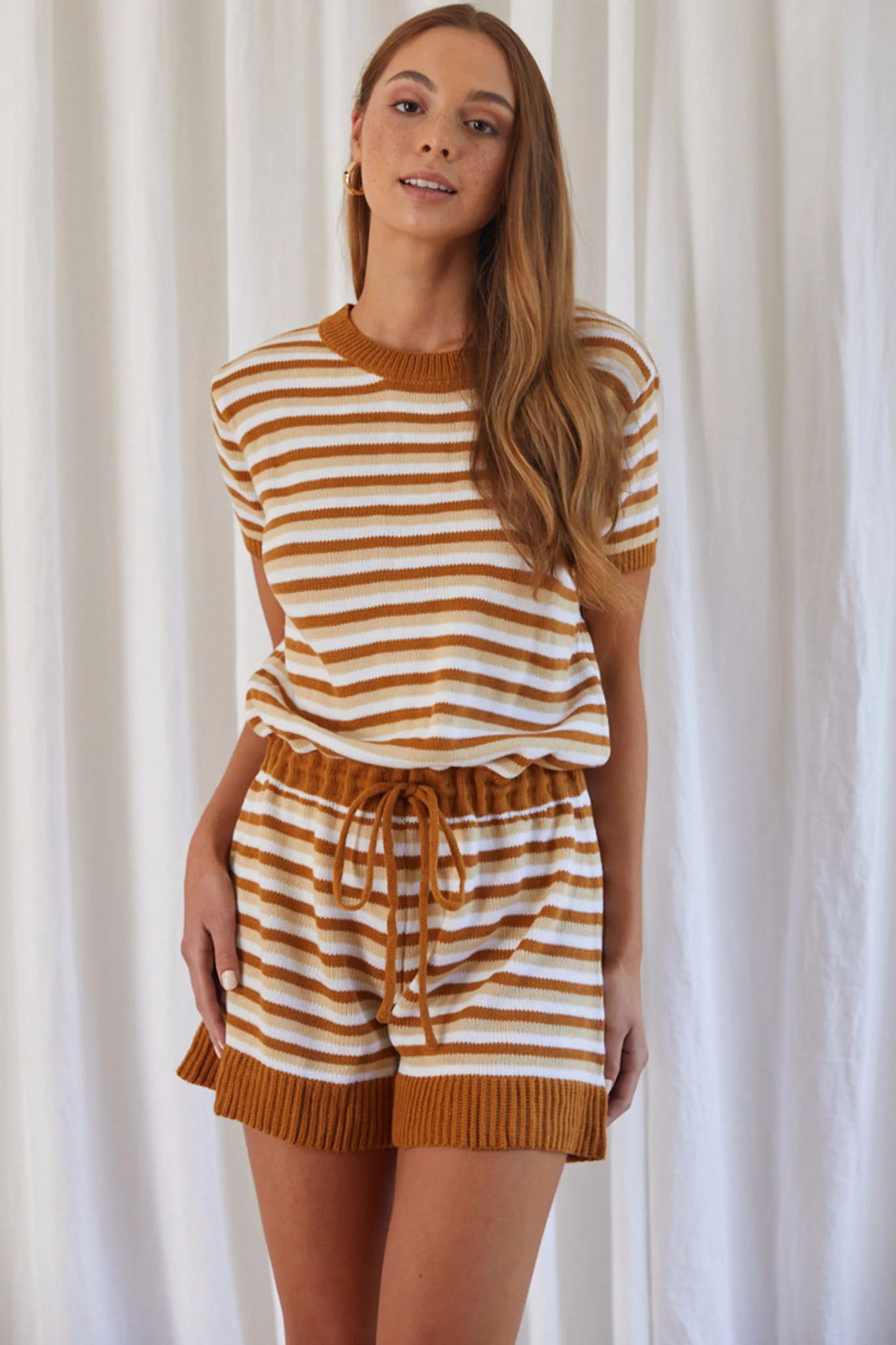 Johana Drawstring Romper Striped Camel - Image 5