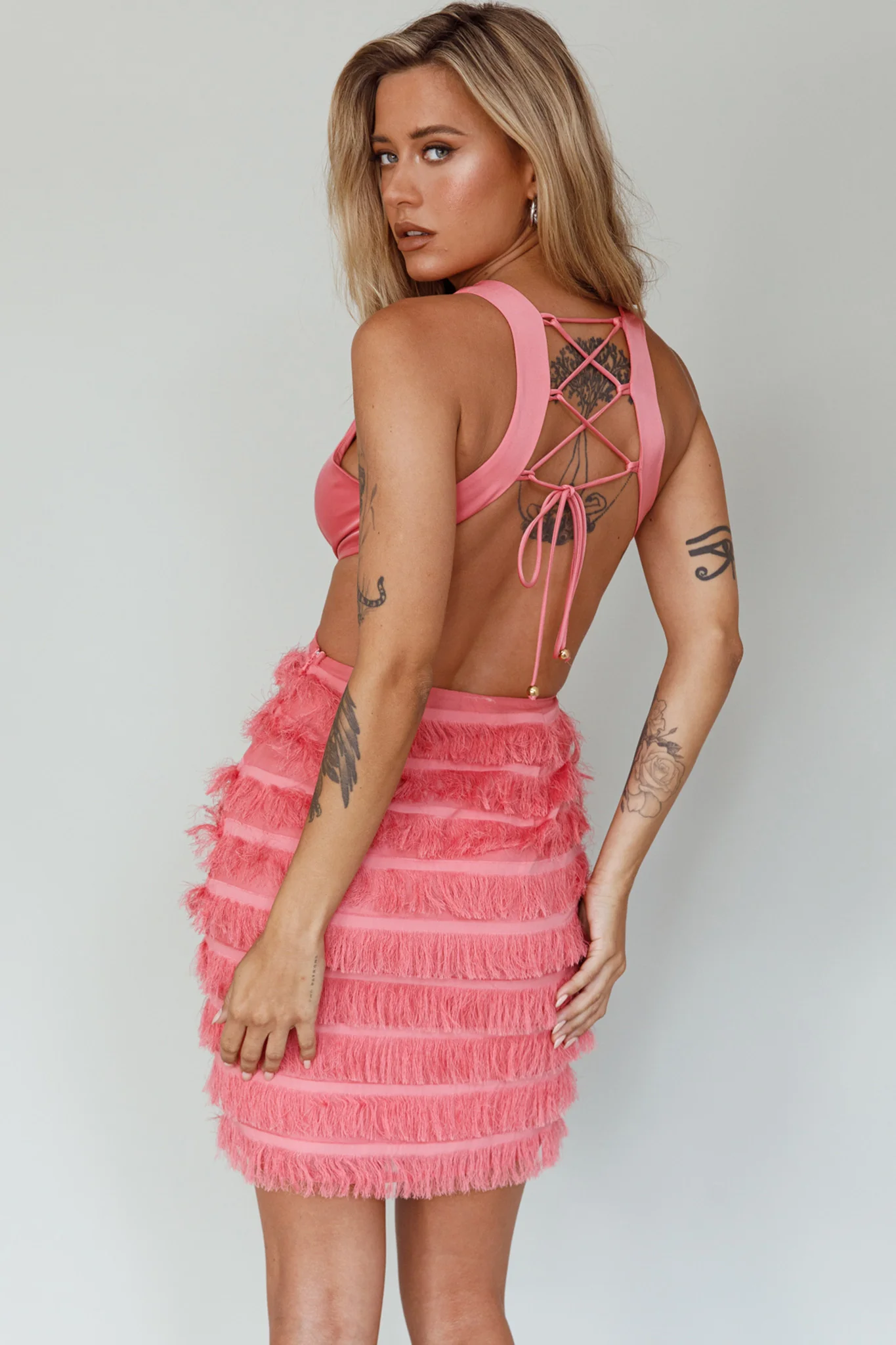 Jolie Fringing Detail Mini Dress Barbie Pink - Image 2